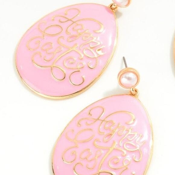 Pink Enamel Coated Happy Easter Egg Drop Earrings With Pearl Post - Picture 2 of 3
